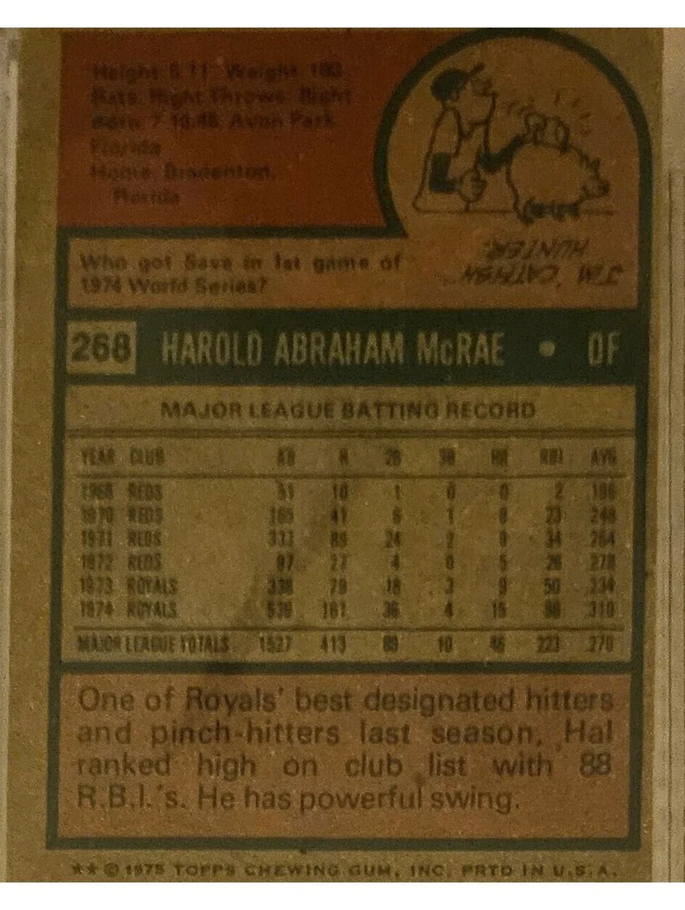 1975 Baseball Topps Hal McRae Kansas City Royals #268 -  as-is